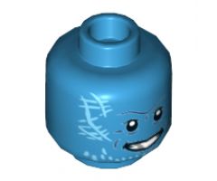 Minifigure, Head Alien Black Eyes, Bright Light Blue Tattoos, Silver Teeth Pattern - Hollow Stud