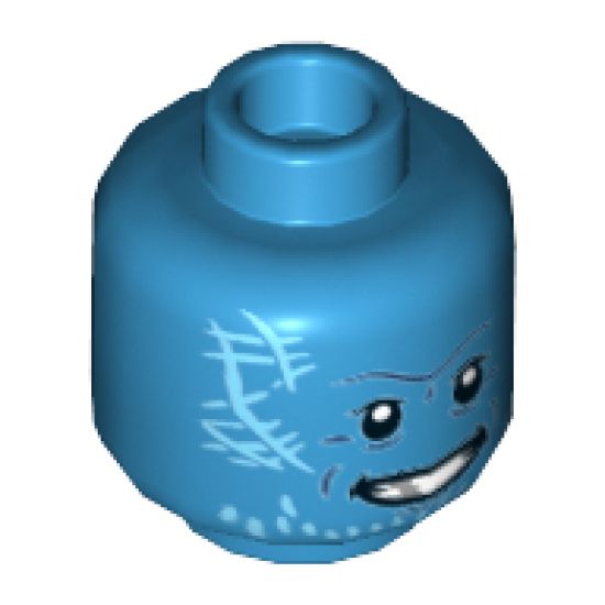 Minifigure, Head Alien Black Eyes, Bright Light Blue Tattoos, Silver Teeth Pattern - Hollow Stud