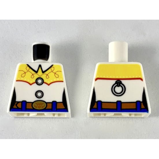 Torso Female Western Shirt with Collar, Yellow Shoulders with Red Stitching, Reddish Brown Belt and Gold Buckle Pattern