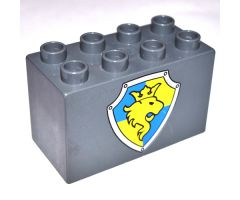 Duplo, Brick 2 x 4 x 2 with Shield - Lion and Crown on Yellow and Blue Pattern