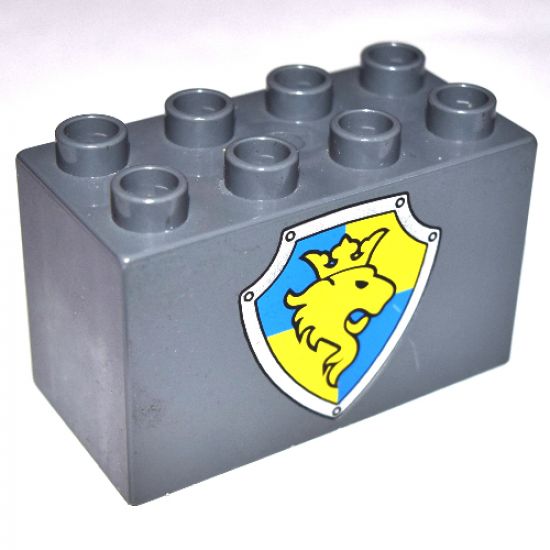 Duplo, Brick 2 x 4 x 2 with Shield - Lion and Crown on Yellow and Blue Pattern