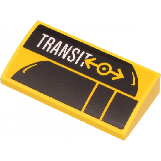 Slope, Curved 2 x 4 x 2/3 with Bottom Tubes with White 'TRANSIT' and Yellow Train Logo on Black Train Silhouette Pattern (Sticker) - Set 60271