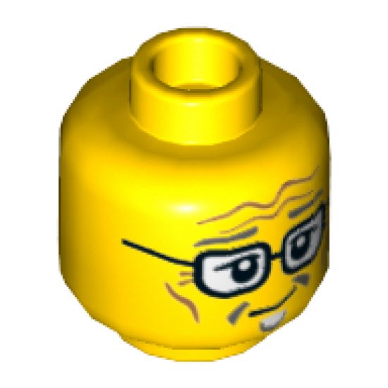 Minifigure, Head Goatee, Dark Bluish Gray Eyebrows, Glasses, Crooked Smile, Cheek Lines and Forehead Wrinkles Pattern - Hollow Stud