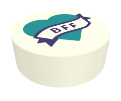 Tile, Round 1 x 1 with Dark Turquoise Heart and Banner with Dark Purple 'BFF' Pattern