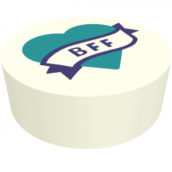 Tile, Round 1 x 1 with Dark Turquoise Heart and Banner with Dark Purple 'BFF' Pattern