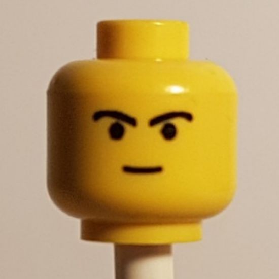 Minifigure, Head Male Straight Small Smile and Black Curved Eyebrows Pattern - Blocked Open Stud