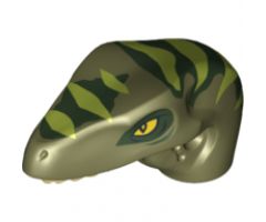 Animal, Body Part Dinosaur Head Raptor with Pin Hole, Tan Teeth and Dark Green and Lime Stripes Pattern