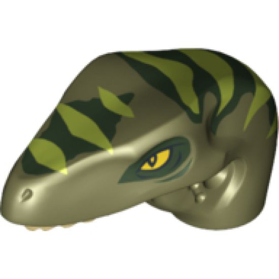 Animal, Body Part Dinosaur Head Raptor with Pin Hole, Tan Teeth and Dark Green and Lime Stripes Pattern
