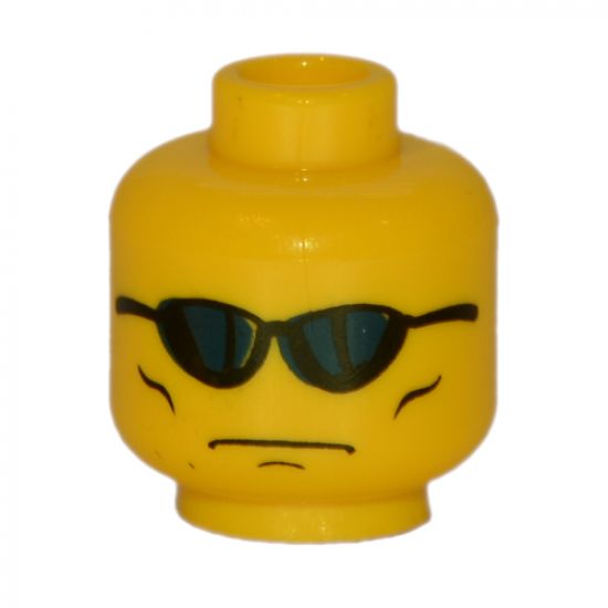 Minifigure, Head Glasses with Blue Sunglasses, Grim Face with Cheek Lines Pattern - Blocked Open Stud