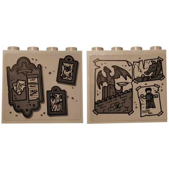 Brick 1 x 4 x 3 with Gray Paintings, Letter Holder with List, Drawings of Dragons, Zombie and Castle Pattern on Both Sides (Stickers) - Set 75810