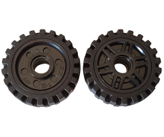 Wheel & Tire Assembly 18mm D. x 8mm with Fake Bolts and Deep Spokes with Inner Ring with Black Tire Offset Tread - Band Around Center of Tread (13971 / 61254)