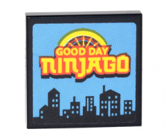 Tile 2 x 2 with TV Screen with Yellow 'GOOD DAY NINJAGO', Semicircle, and Black City Skyline on Medium Blue Background Pattern (Sticker) - Set 70620
