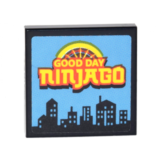 Tile 2 x 2 with TV Screen with Yellow 'GOOD DAY NINJAGO', Semicircle, and Black City Skyline on Medium Blue Background Pattern (Sticker) - Set 70620