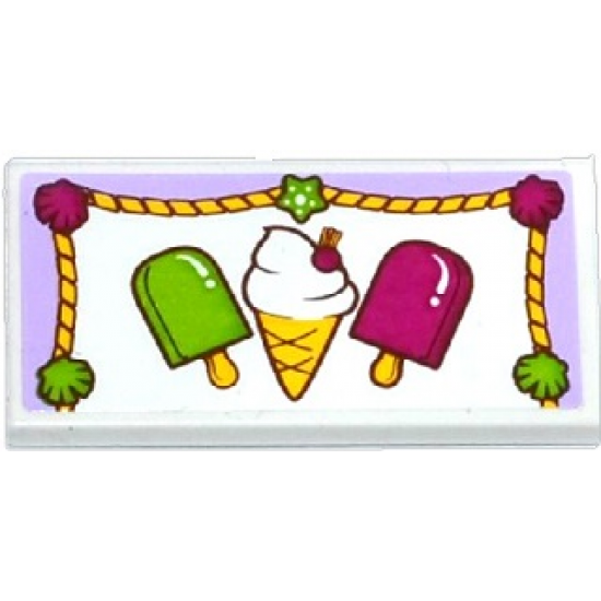 Tile 2 x 4 with Ice Cream Cone, Popsicles and Rope Trim with Shells and Star Pattern (Sticker) - Set 41094