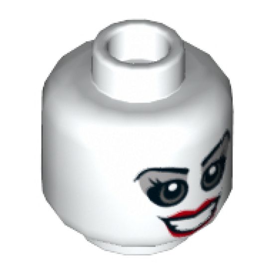 Minifigure, Head Dual Sided Female Gray Eyes and Eye Shadow, Red Lips, Open Smile / Bared Teeth Angry Pattern (Harley Quinn) - Hollow Stud