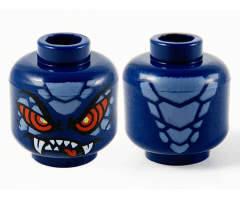Minifigure, Head Alien Sand Blue Scales, Large Red Eyes, Sharp Teeth and Fangs Pattern - Hollow Stud