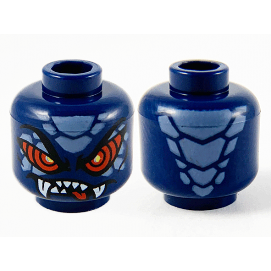 Minifigure, Head Alien Sand Blue Scales, Large Red Eyes, Sharp Teeth and Fangs Pattern - Hollow Stud