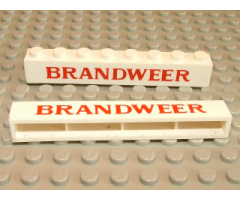 Brick 1 x 8 without Bottom Tubes with Cross Side Supports with Red 'BRANDWEER' Bold Pattern