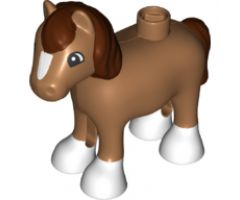 Duplo, Animal Horse Baby Foal Pony with Reddish Brown Mane and Tail, White Blaze and Hooves Pattern