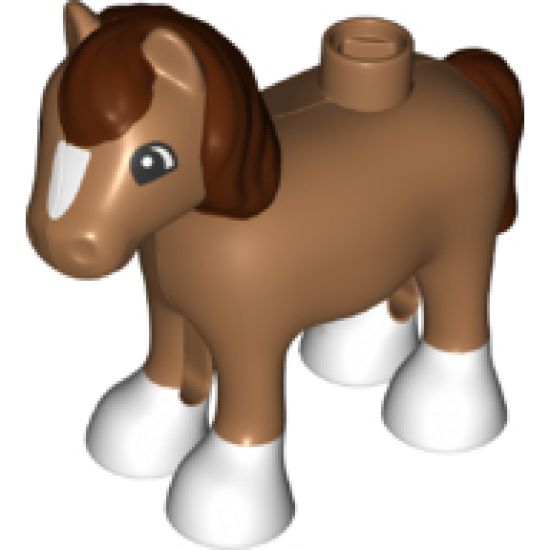 Duplo, Animal Horse Baby Foal Pony with Reddish Brown Mane and Tail, White Blaze and Hooves Pattern