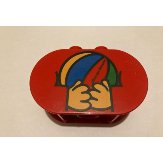Duplo, Brick 2 x 4 x 2 Rounded Ends with Hands Holding Ball with 'Offert par Pampers' Pattern