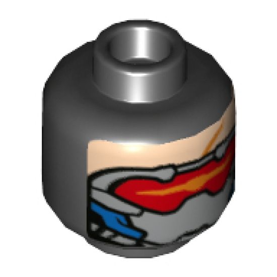 Minifigure, Head Silver Mask, Red Visor with Bright Light Orange Highlight, Blue Cheek Panels Pattern - Hollow Stud