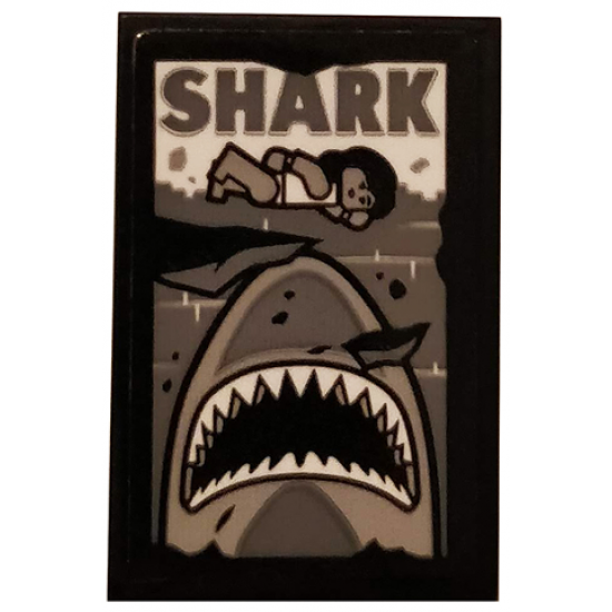 Tile 2 x 3 with 'SHARK', Swimmer, Sea and Shark Gray and Ripped Pattern (Sticker) - Set 75810