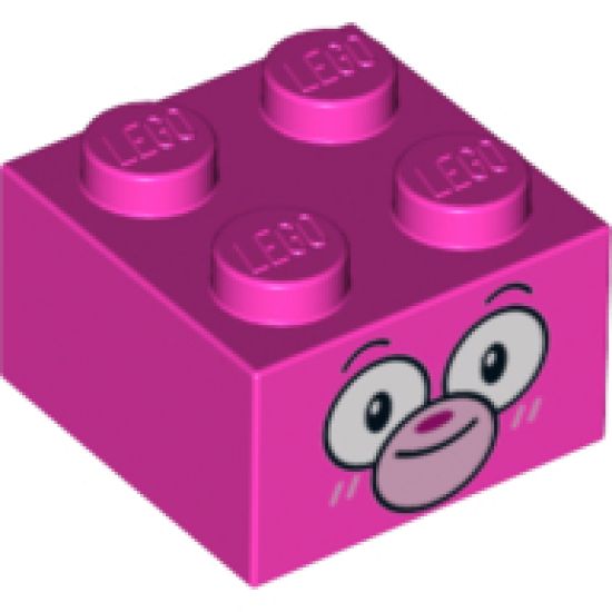 Brick 2 x 2 with Cat Face, Black Eyebrows, Large White Eyes, Bright Pink Muzzle and Whiskers with Magenta Nose Pattern