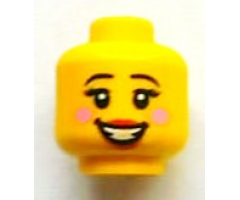 Minifigure, Head Female with Black Eyebrows, Eyelashes, Red Lips, Open Smile and Pink Cheeks Pattern - Blocked Open Stud
