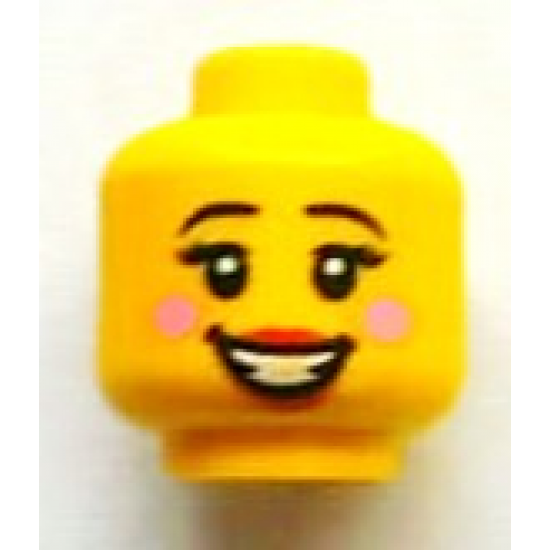 Minifigure, Head Female with Black Eyebrows, Eyelashes, Red Lips, Open Smile and Pink Cheeks Pattern - Blocked Open Stud