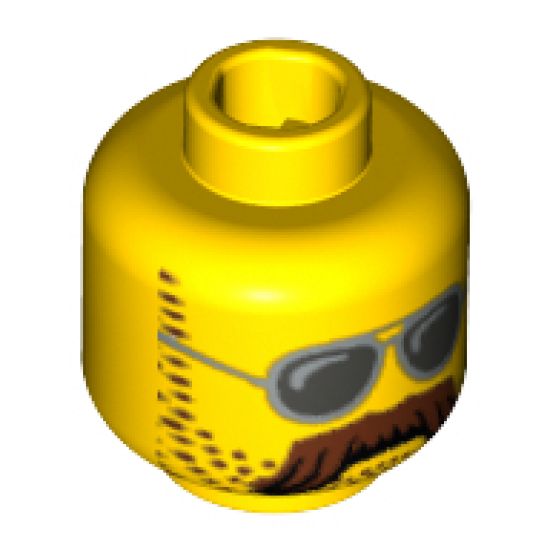 Minifigure, Head Glasses with Silver Sunglasses, Moustache Brown Bushy and Stubble Pattern - Blocked Open Stud