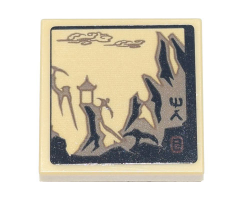 Tile, Modified 2 x 2 Inverted with Ink Wash Painting of Temple and Cliffs and Ninjago Logogram 'MR' Pattern (Sticker) - Set 71741