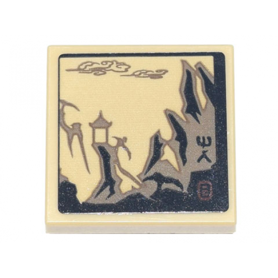 Tile, Modified 2 x 2 Inverted with Ink Wash Painting of Temple and Cliffs and Ninjago Logogram 'MR' Pattern (Sticker) - Set 71741