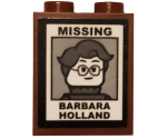 Brick 1 x 2 x 2 with Inside Stud Holder with 'MISSING', Woman Minifigure with Glasses, and 'BARBARA HOLLAND' Pattern (Sticker) - Set 75810