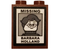Brick 1 x 2 x 2 with Inside Stud Holder with 'MISSING', Woman Minifigure with Glasses, and 'BARBARA HOLLAND' Pattern (Sticker) - Set 75810
