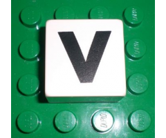 Duplo, Tile 2 x 2 x 1 with Black Capital Letter V Pattern