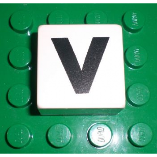 Duplo, Tile 2 x 2 x 1 with Black Capital Letter V Pattern