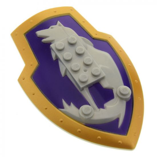 Large Figure Part Shield, 2 x 4 Brick Relief, Danju Wolf with Dark Purple and Gold Pattern