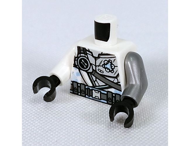 Torso Armor Silver with Ninjago Logogram 'Z', Dark Bluish Gray Strap and Utility Belt Pattern / Flat Silver Arm Left / White Arm Right / Black Hands