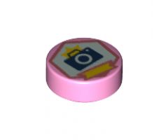 Tile, Round 1 x 1 with Dark Blue Camera, Yellow Flash and Ribbon on White Hexagon with Coral Outline Pattern