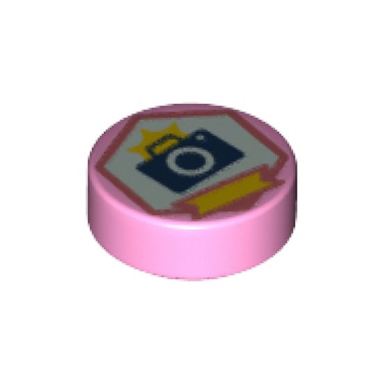Tile, Round 1 x 1 with Dark Blue Camera, Yellow Flash and Ribbon on White Hexagon with Coral Outline Pattern