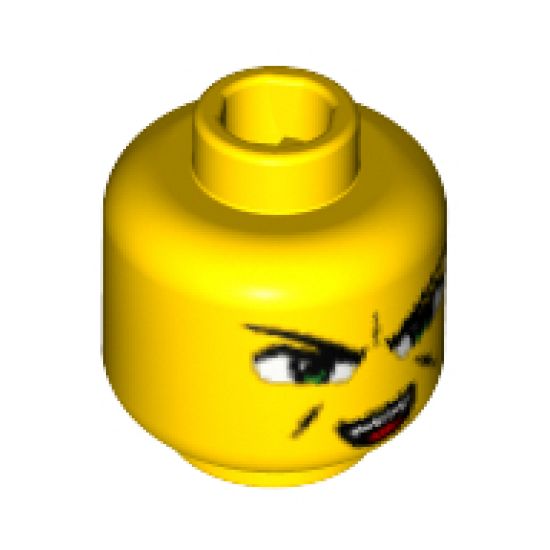 Minifigure, Head Dual Sided Exo-Force Green Eyes with Smirk / Open Mouth Angry Pattern (Ha-Ya-To) - Blocked Open Stud