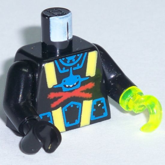 Torso Aquazone Aquashark Blue Shark with Red 'X' Pattern / Black Arms / Black Hand Right / Trans-Neon Green Hook Left