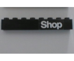 Brick 1 x 8 with White 'Shop' Pattern (Sticker) - Set 6378