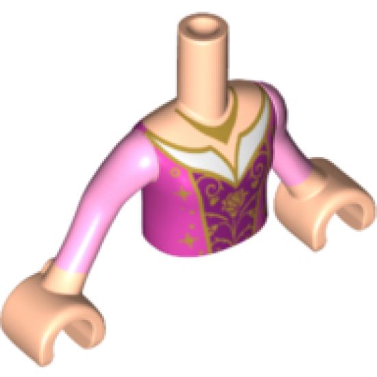 Mini Doll, Torso Friends Girl Dark Pink and Purple Dress with Gold Filigree Pattern, Light Nougat Arms with Hands with Bright Pink Sleeves