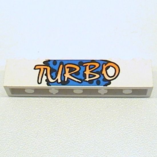 Brick 1 x 6 with Yellow 'TURBO' on Blue Background and Black Spots Pattern