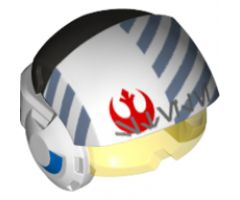 Minifigure, Headgear Helmet SW Rebel Pilot Raised Front with Trans-Yellow Visor with Blue Diagonal Stripes and Dark Bluish Gray Alien Letters Pattern