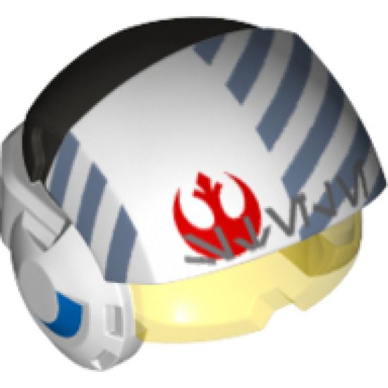 Minifigure, Headgear Helmet SW Rebel Pilot Raised Front with Trans-Yellow Visor with Blue Diagonal Stripes and Dark Bluish Gray Alien Letters Pattern