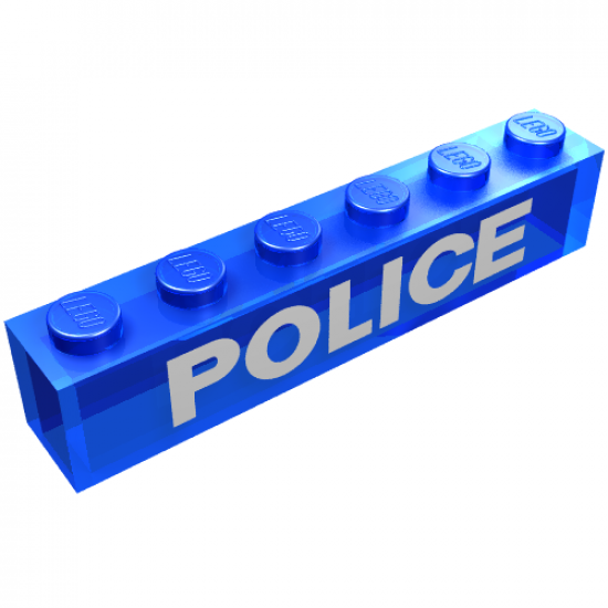 Brick 1 x 6 without Bottom Tubes with White 'POLICE' Sans-Serif Bold Pattern