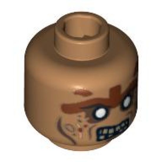 Minifigure, Head Dual Sided Alien PotC Zombie Silver Eyes and Brown Face Lines Closed Mouth / Bared Teeth Pattern - Hollow Stud